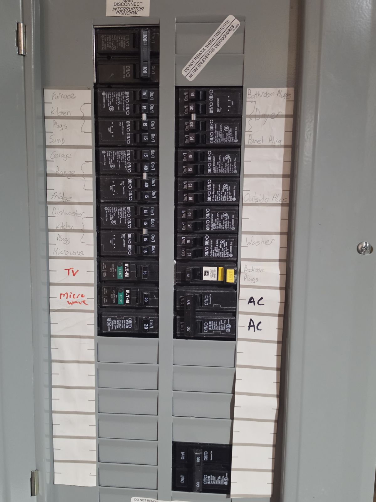 Example view of the electrical panel breakers