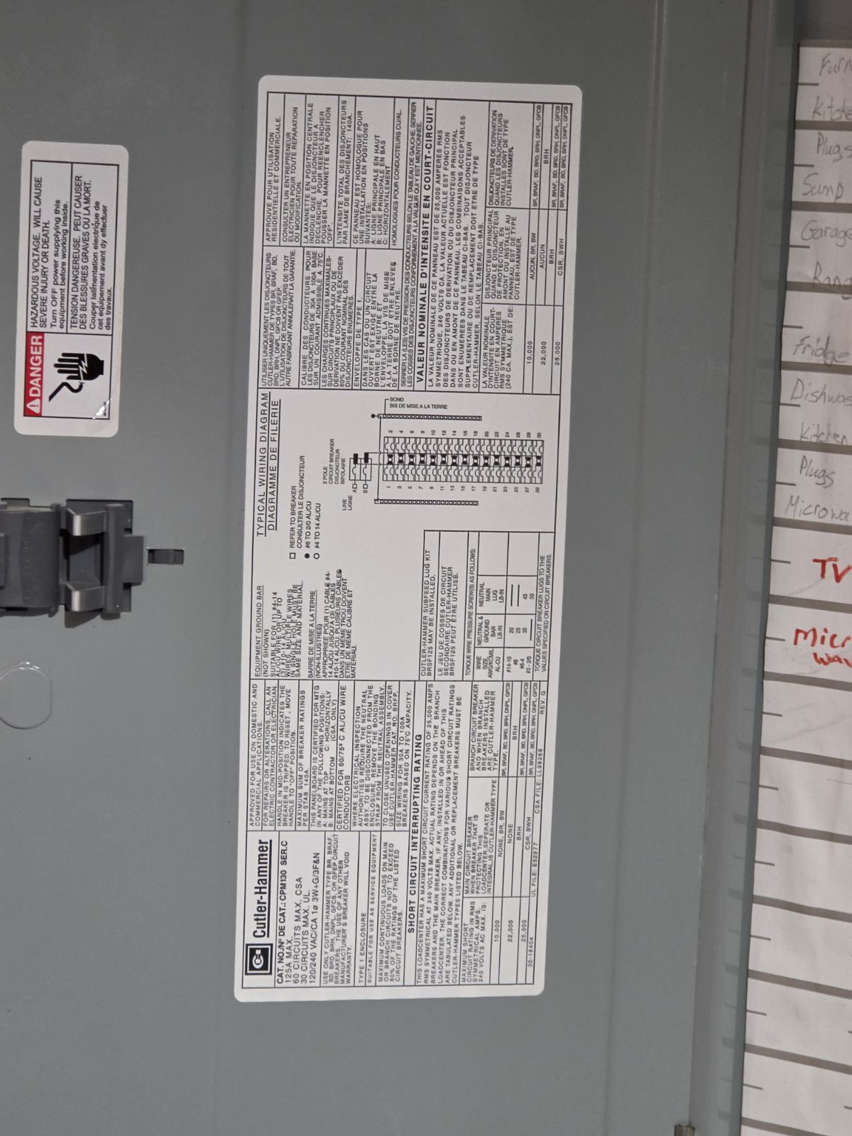 Example close-up of electrical panel manufacturer labels and ratings